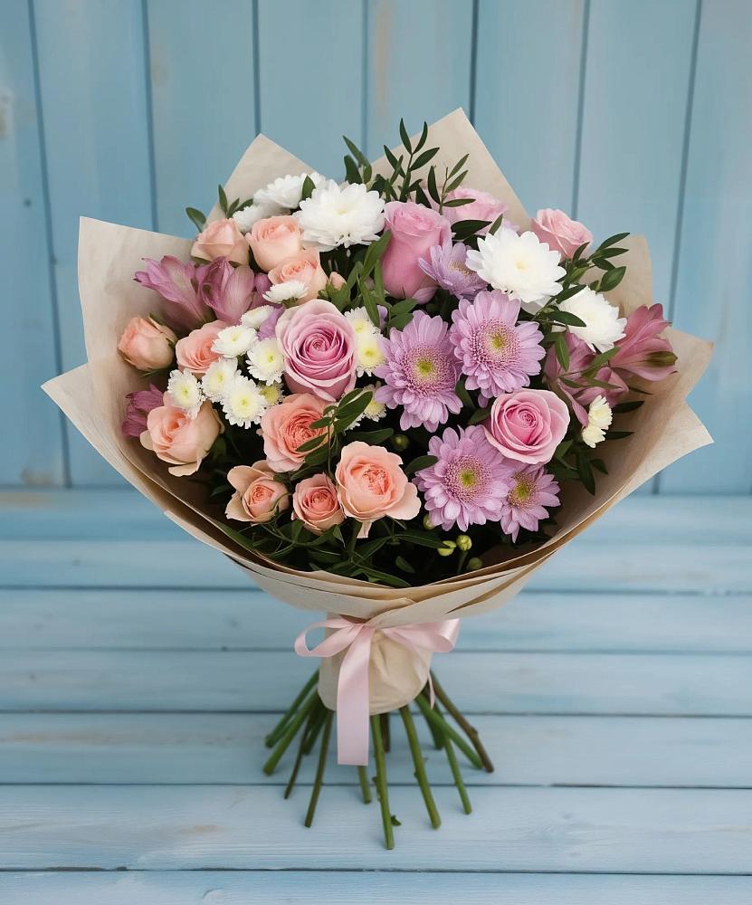 Букет цветов из: Хризантемы, Розы и Альстромерии в Придорожном