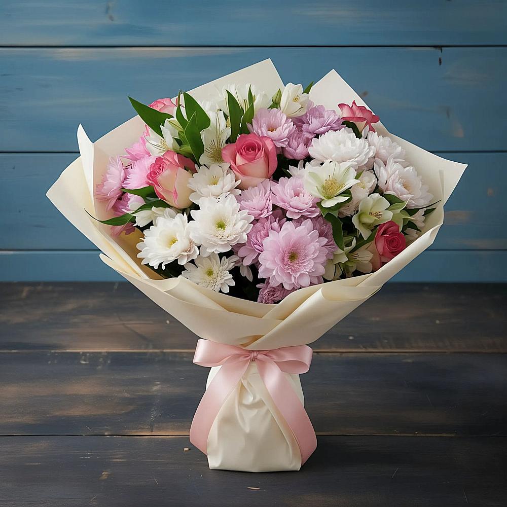 Букет цветов из: Хризантемы, Альстромерии и Розы в Придорожном